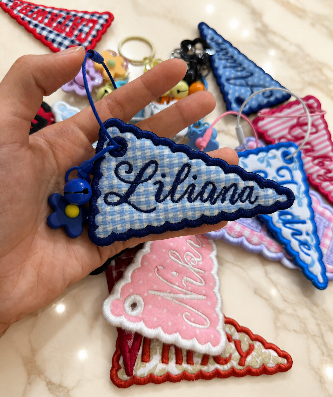 Personalized Embroidered Cheer Pennant Bag Charm, Custom Name Backpack Tag, Preppy Team Gift, Scallop Flag Keychain