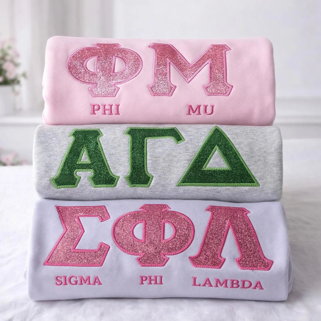 Glitter Embroidered Greek Letter Sweatshirt, Custom Sorority Crewneck, Personalized Greek Letter Merch, Sparkly Pink Chapter Gift