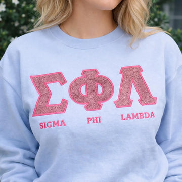Glitter Embroidered Greek Letter Sweatshirt, Custom Sorority Crewneck, Personalized Greek Letter Merch, Sparkly Pink Chapter Gift