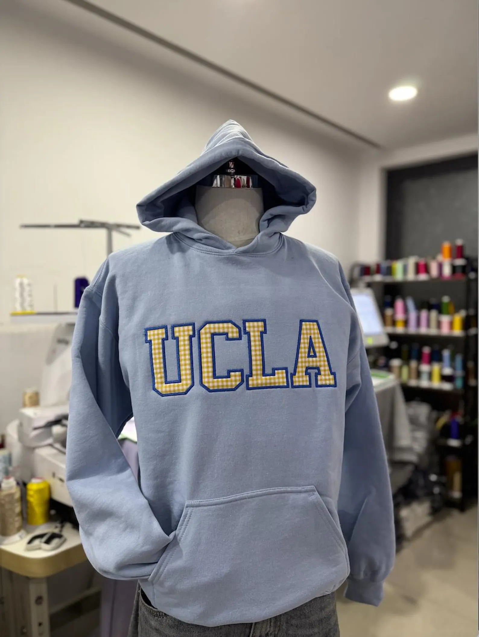 Custom Varsity Letter Embroidered Sweatshirt, Gingham Applique Crewneck, Personalized Initials Pullover, College Style Custom Merch Gift