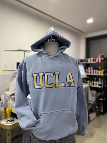 Custom Varsity Letter Embroidered Sweatshirt, Gingham Applique Crewneck, Personalized Initials Pullover, College Style Custom Merch Gift