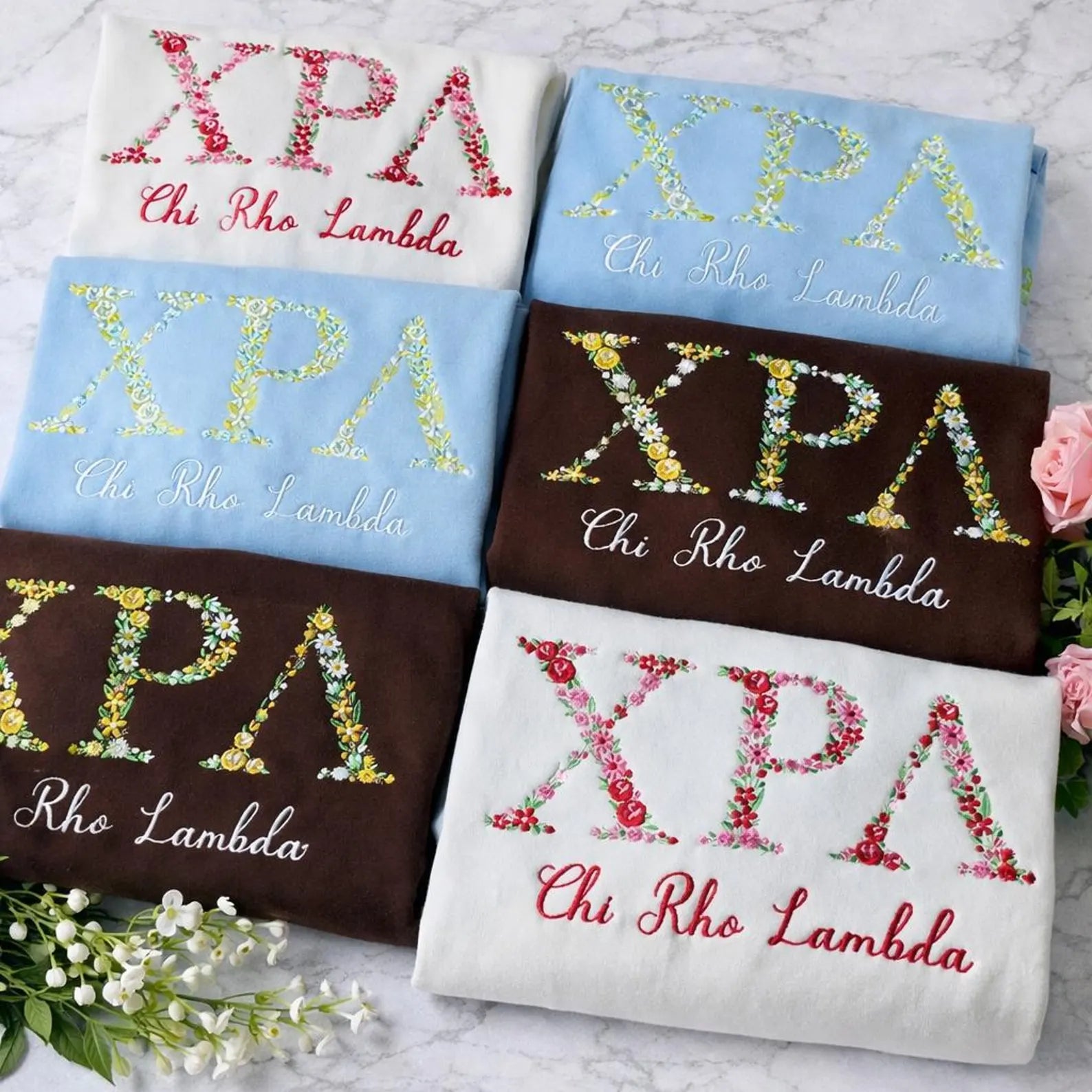 Embroidered Floral Greek Letter Sweatshirt, Custom Group Order Sorority Crewneck, Personalized Chapter Gift, Matching Greek Merch