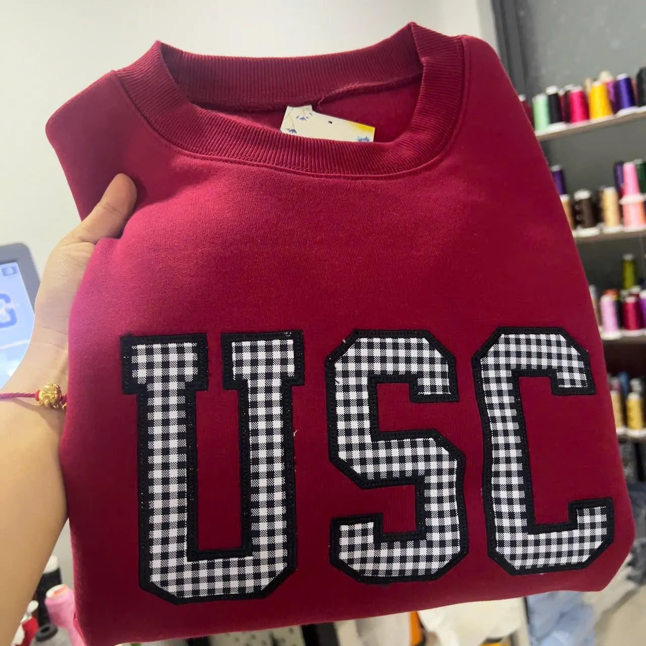 USC Inspired Embroidered Sweatshirt, Custom College Crewneck, Black Gingham Applique Letters Shirt, Varsity Style Sweatshirt, Merch Gifts