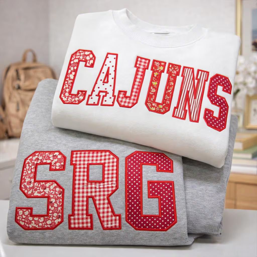 Custom Embroidered College Letter Sweatshirt, Personalized Applique Floral Gingham Polka Dot Crewneck, Custom Merch Gift for Her