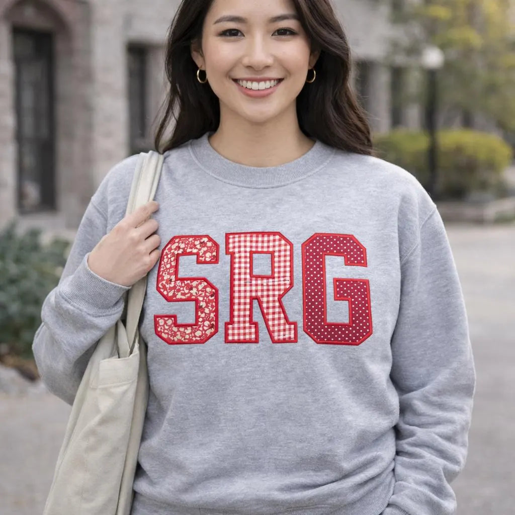 Custom Embroidered College Letter Sweatshirt, Personalized Applique Floral Gingham Polka Dot Crewneck, Custom Merch Gift for Her