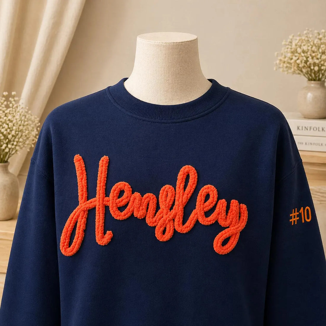 Custom Personalized Chenille Embroidered Sweatshirt, Script Name and Number Crewneck, College University Merch Style, Fluffy Yarn Gift