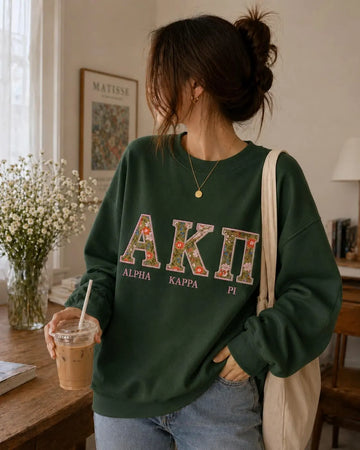 Custom Floral Greek Letter Sweatshirt, Personalized Sorority Crewneck, Alpha Kappa Pi Applique Shirt, Embroidered Gift for Big Little