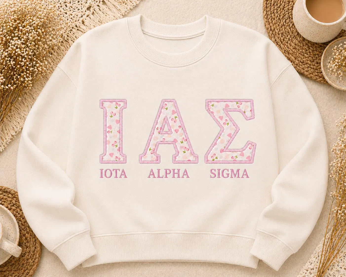Custom Floral Greek Letter Sweatshirt Team, Personalized Sorority Crewneck Group, Pink Applique Embroidered Shirt, Custom Name Gift Apparel