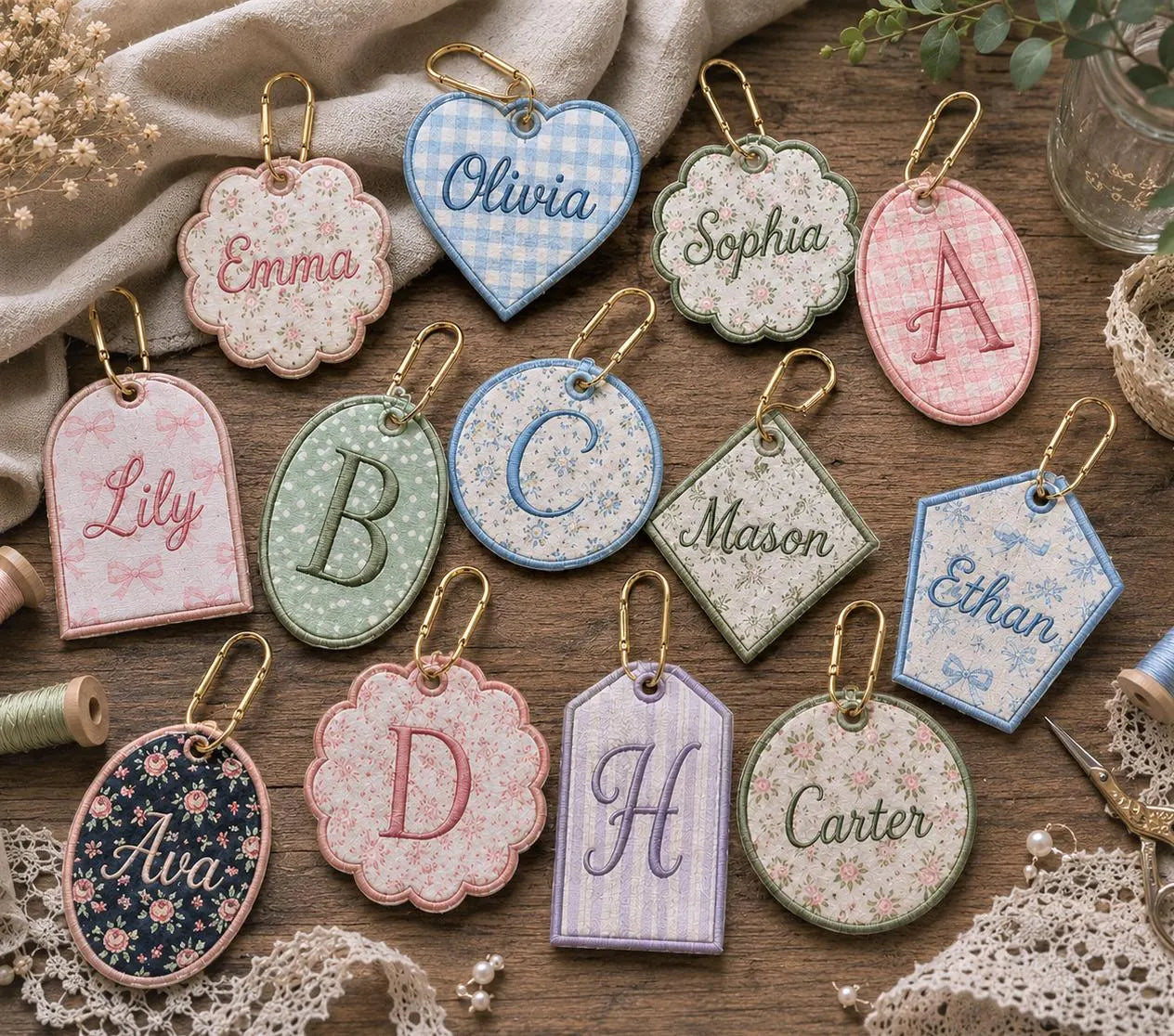 Personalized Embroidered Bag Charm, Custom Name Backpack Tag, Floral Applique Backpack Tag, Kids School Bag Gift