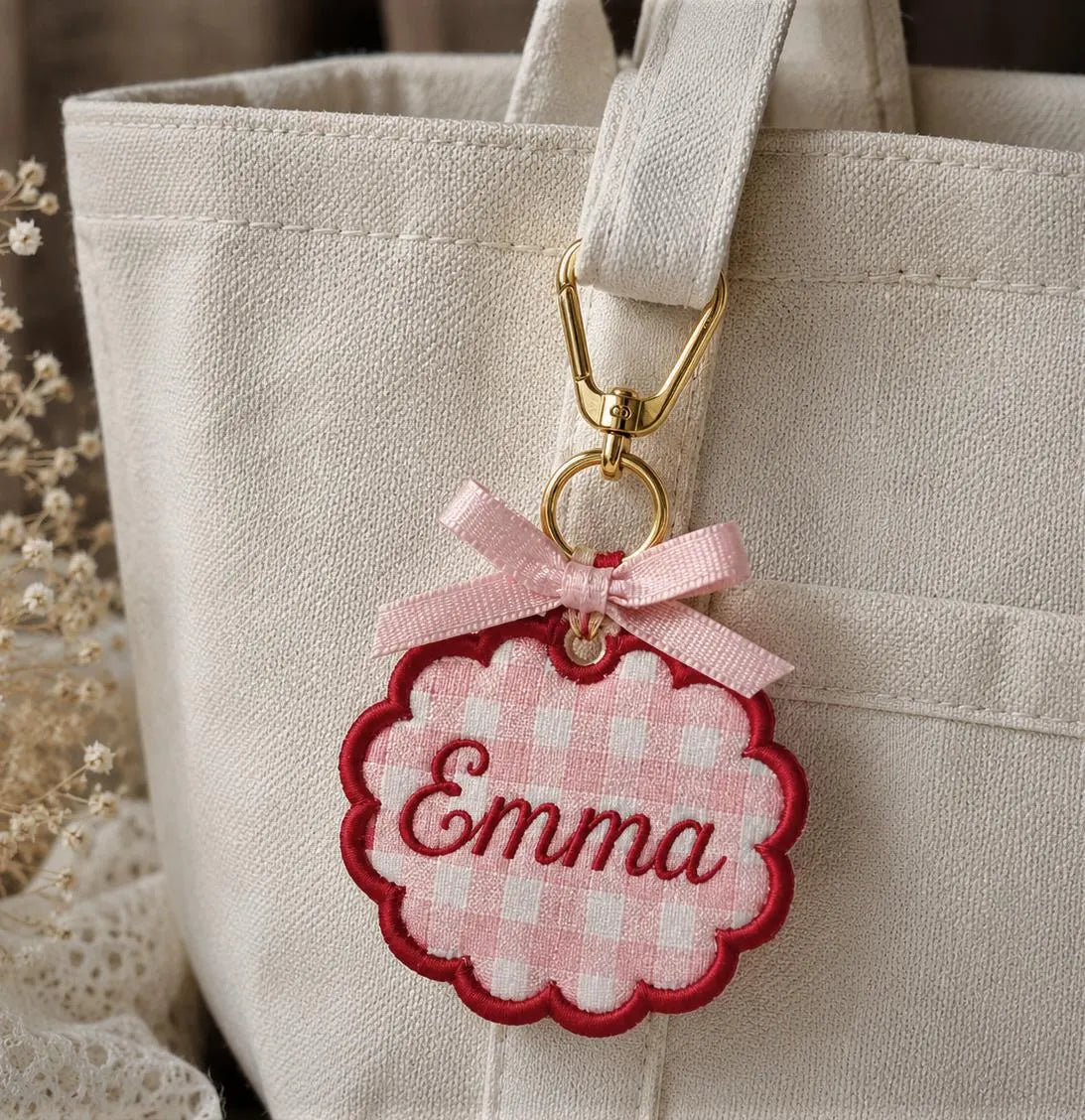 Personalized Embroidered Bag Charm, Custom Name Tote Bag Charm, School Bag Charm Gift, Floral Applique Bag Accessory
