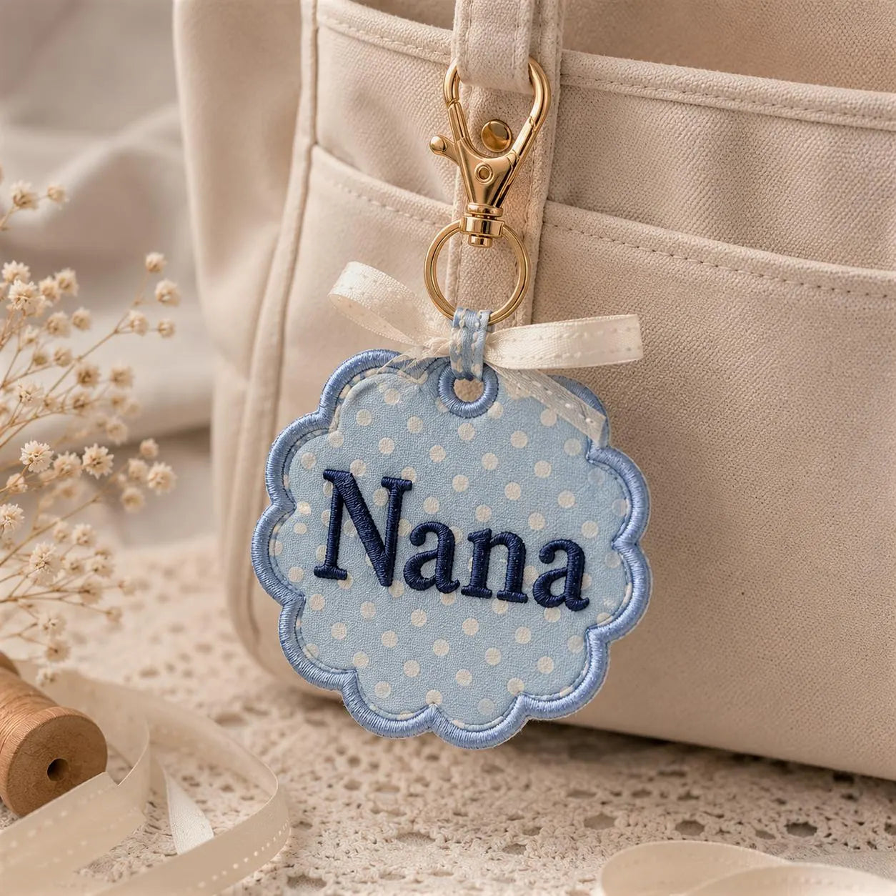 Personalized Embroidered Bag Charm, Custom Name Tote Bag Charm, School Bag Charm Gift, Floral Applique Bag Accessory