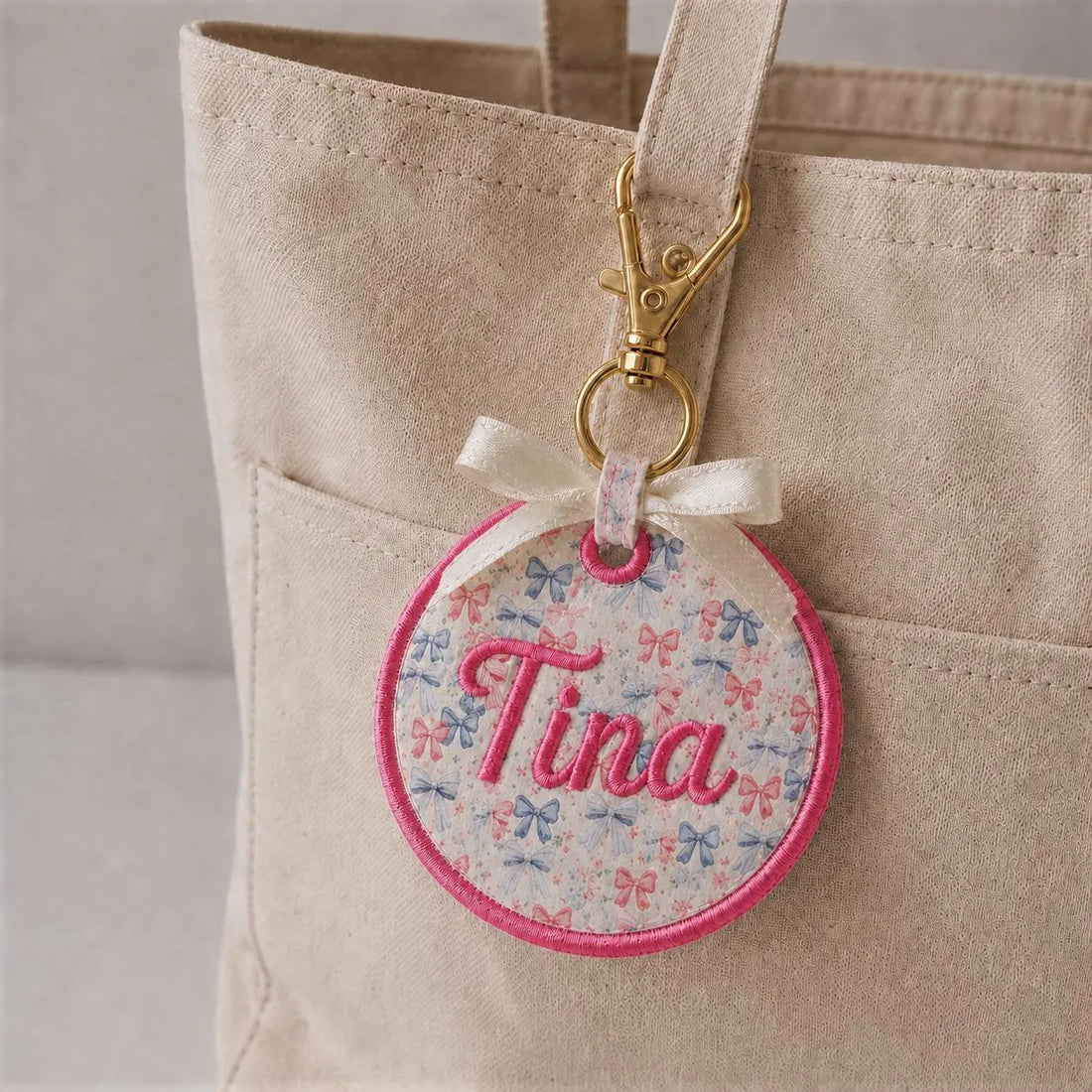 Personalized Embroidered Bag Charm, Custom Name Tote Bag Charm, School Bag Charm Gift, Floral Applique Bag Accessory