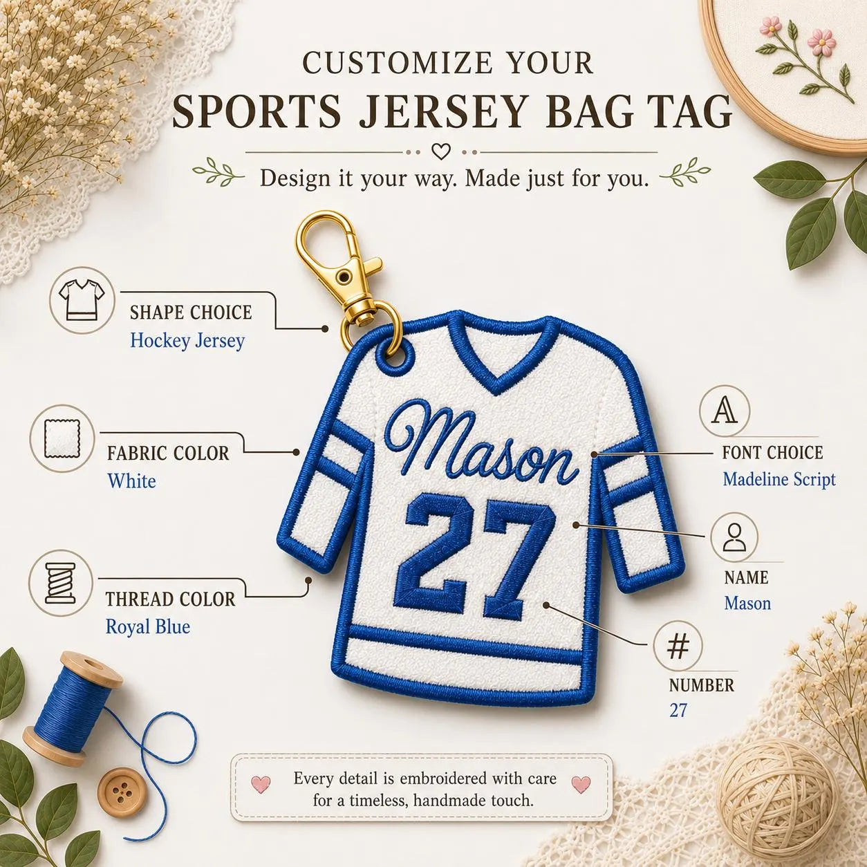 Custom Sports Jersey Bag Tag, Personalized Embroidered Name Keychain, Player Number Backpack Charm, Team Gift