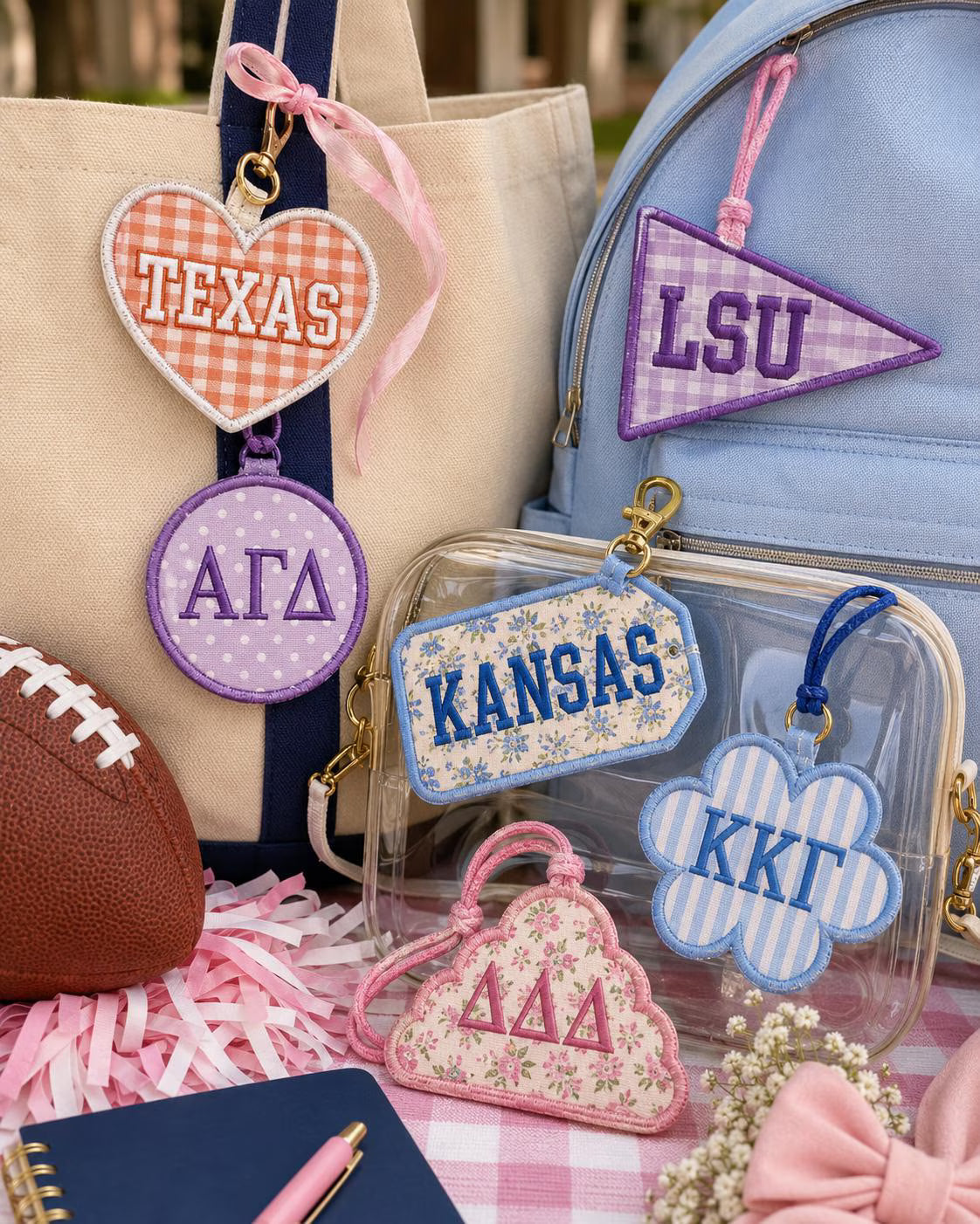 Custom Embroidered Bag Charm, Personalized Backpack Charm, Clear Stadium Bag Tag, Sorority Style Tote Charm, Big Little Gift