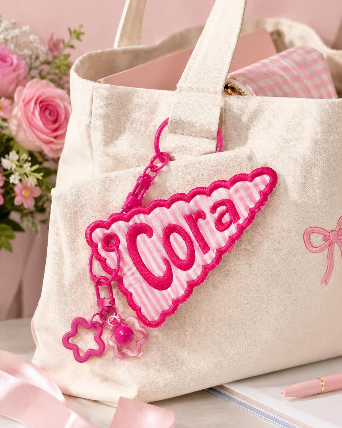 Personalized Embroidered Pennant Bag Charm, Custom Name Backpack Tag, Pink Stripe Tote Keychain, Preppy School Tote Bag Accessory for Girls