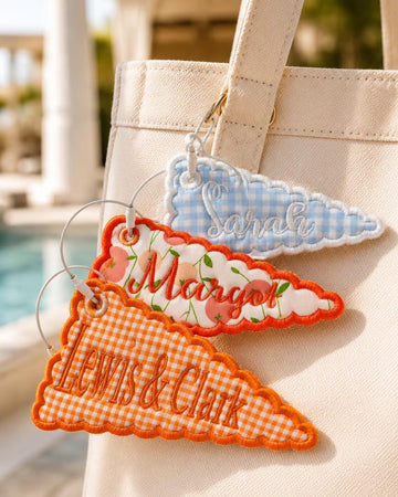 Personalized Embroidered Pennant Bag Charm, Custom Name Backpack Tag, Pink Stripe Tote Keychain, Preppy School Tote Bag Accessory for Girls