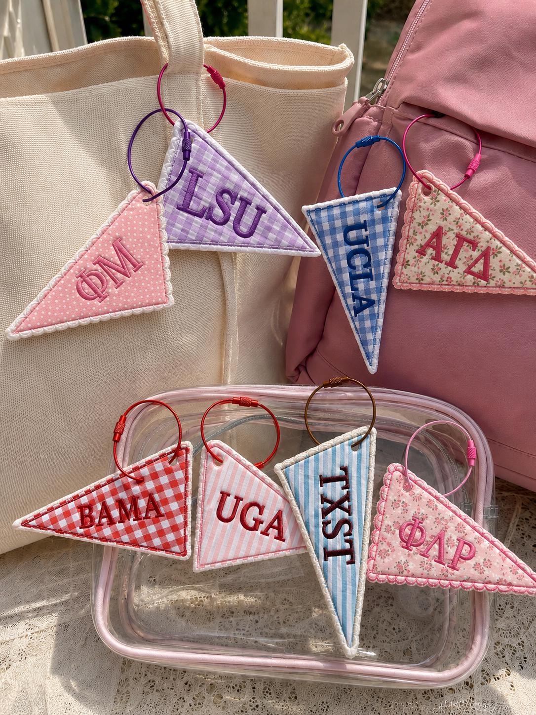 Personalized College Bag Charm, Custom Flag Bag Charm, Embroidered Backpack Charm, Sorority Style Tote Charm, Big Little Gift