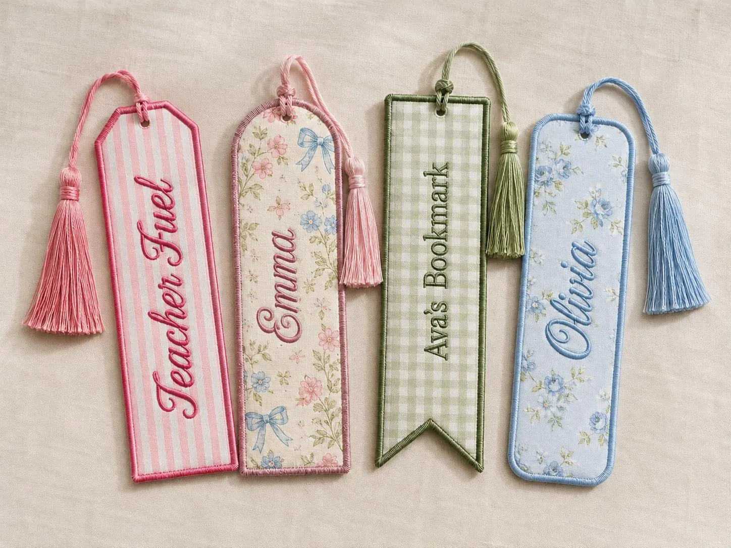 Custom Floral Fabric Bookmark with Tassel, Embroidered Name Page Marker, Handmade Reader Keepsake for Book Club Gift