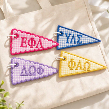Custom Sorority Greek Letter Pennant Charm, Preppy Gingham Bag Tag, Big Little Sister Gift, Coquette College Backpack Keychain