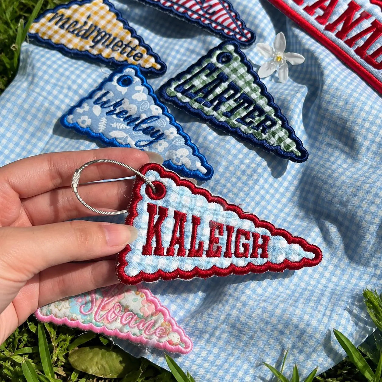 Custom Embroidered Game Day Pennant Flag Charm, Personalized Bag Tag, College Style Backpack Keychain, School Spirit Gift