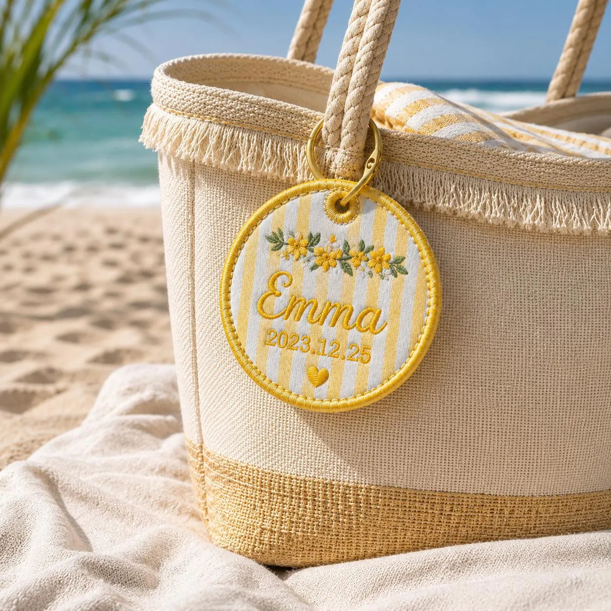 Custom Name and Date Embroidered Bag Charm, Personalized Baby Keepsake Keychain, Circle Diaper Bag Tag, Newborn Gift