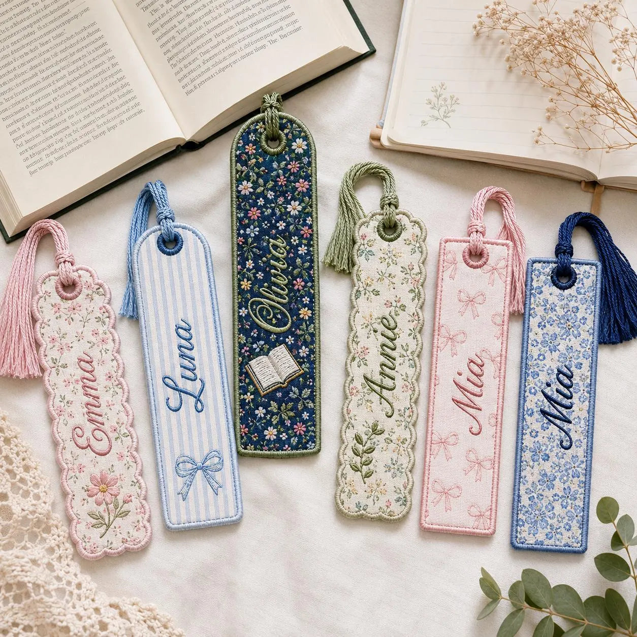 Personalized Embroidered Bookmark, Custom Name Fabric Book Marker with Tassel, Floral Reader Gift, Teacher Book Lover Stocking Stuffer