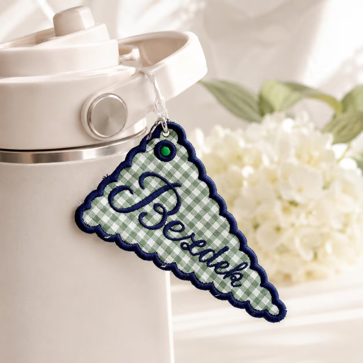 Personalized Embroidered Pennant Bag Charm, Custom Name Backpack Tag, Pink Stripe Tote Keychain, Preppy School Tote Bag Accessory for Girls