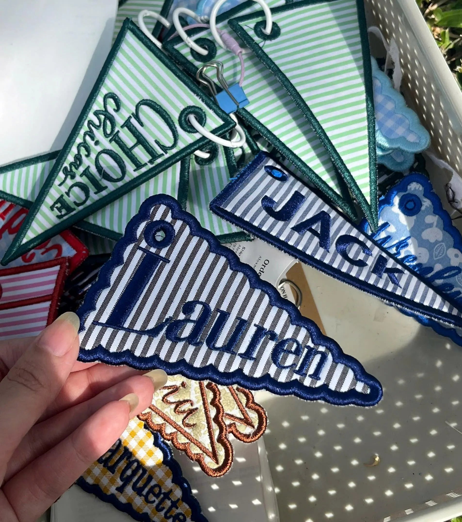 Custom Striped Pennant Flag Bag Charm, Personalized Embroidered Name Keychain, Navy School Backpack Tag for Boys, Kids Lunchbox Luggage