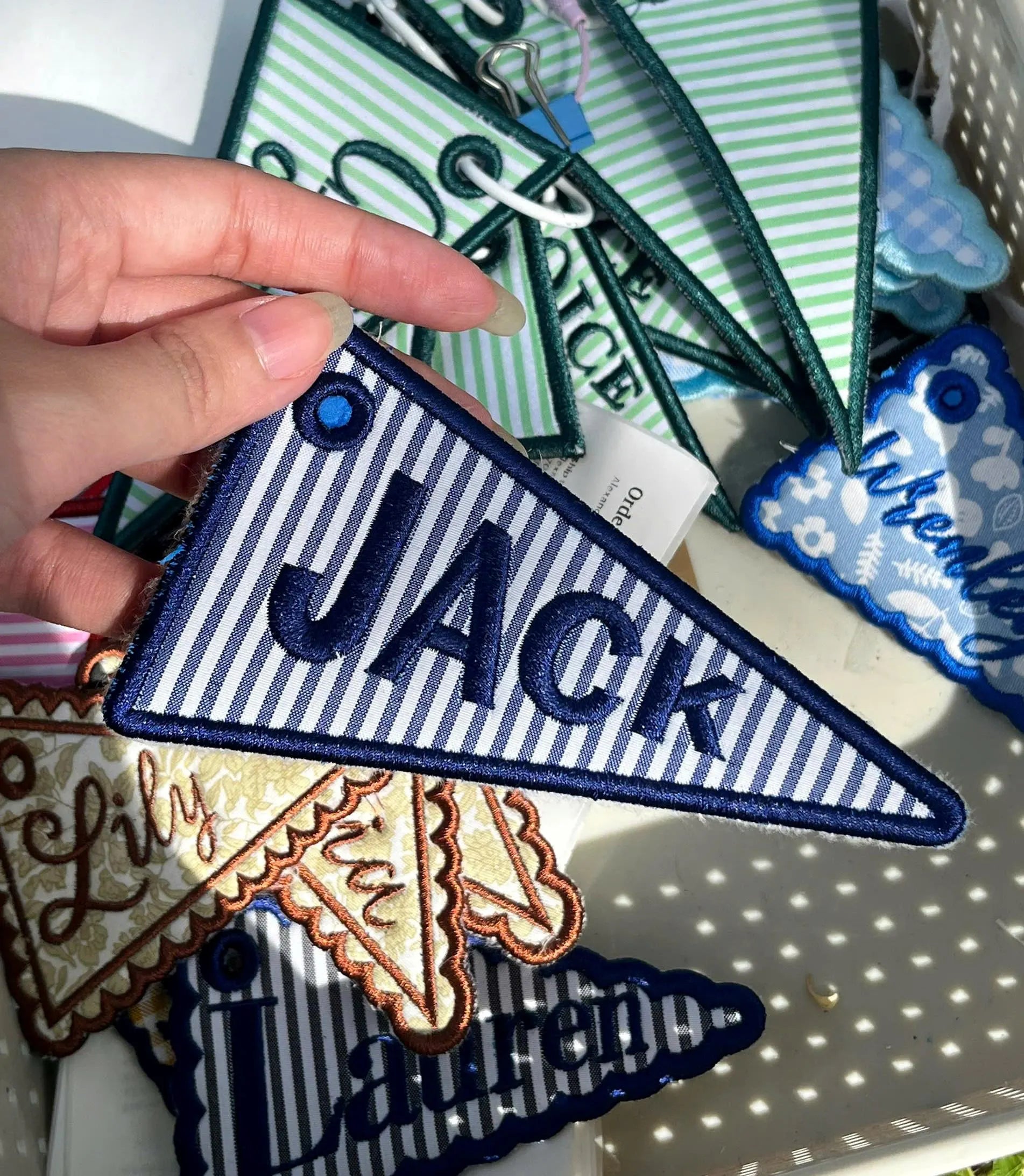 Custom Striped Pennant Flag Bag Charm, Personalized Embroidered Name Keychain, Navy School Backpack Tag for Boys, Kids Lunchbox Luggage
