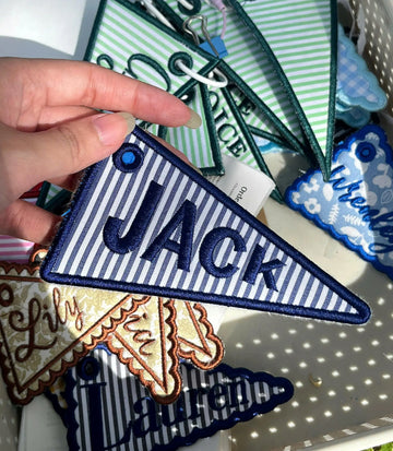 Custom Striped Pennant Flag Bag Charm, Personalized Embroidered Name Keychain, Navy School Backpack Tag for Boys, Kids Lunchbox Luggage