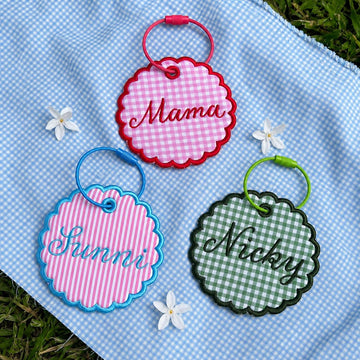Custom Scalloped Round Name Charm, Personalized Embroidered Backpack Tag, Gingham Bag Keychain, Preppy Coquette Mom Gift, Spirit Merch Gift