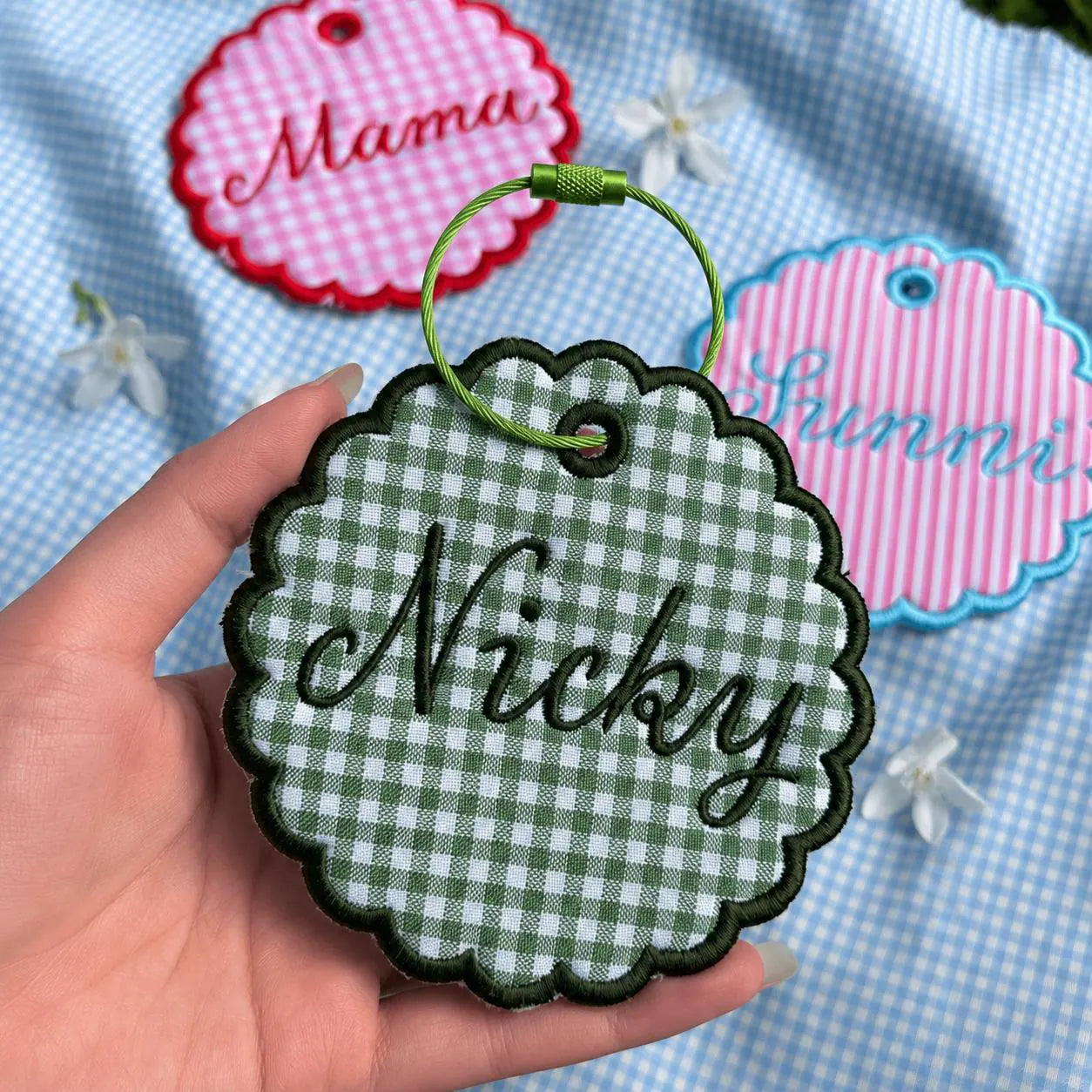 Custom Scalloped Round Name Charm, Personalized Embroidered Backpack Tag, Gingham Bag Keychain, Preppy Coquette Mom Gift, Spirit Merch Gift