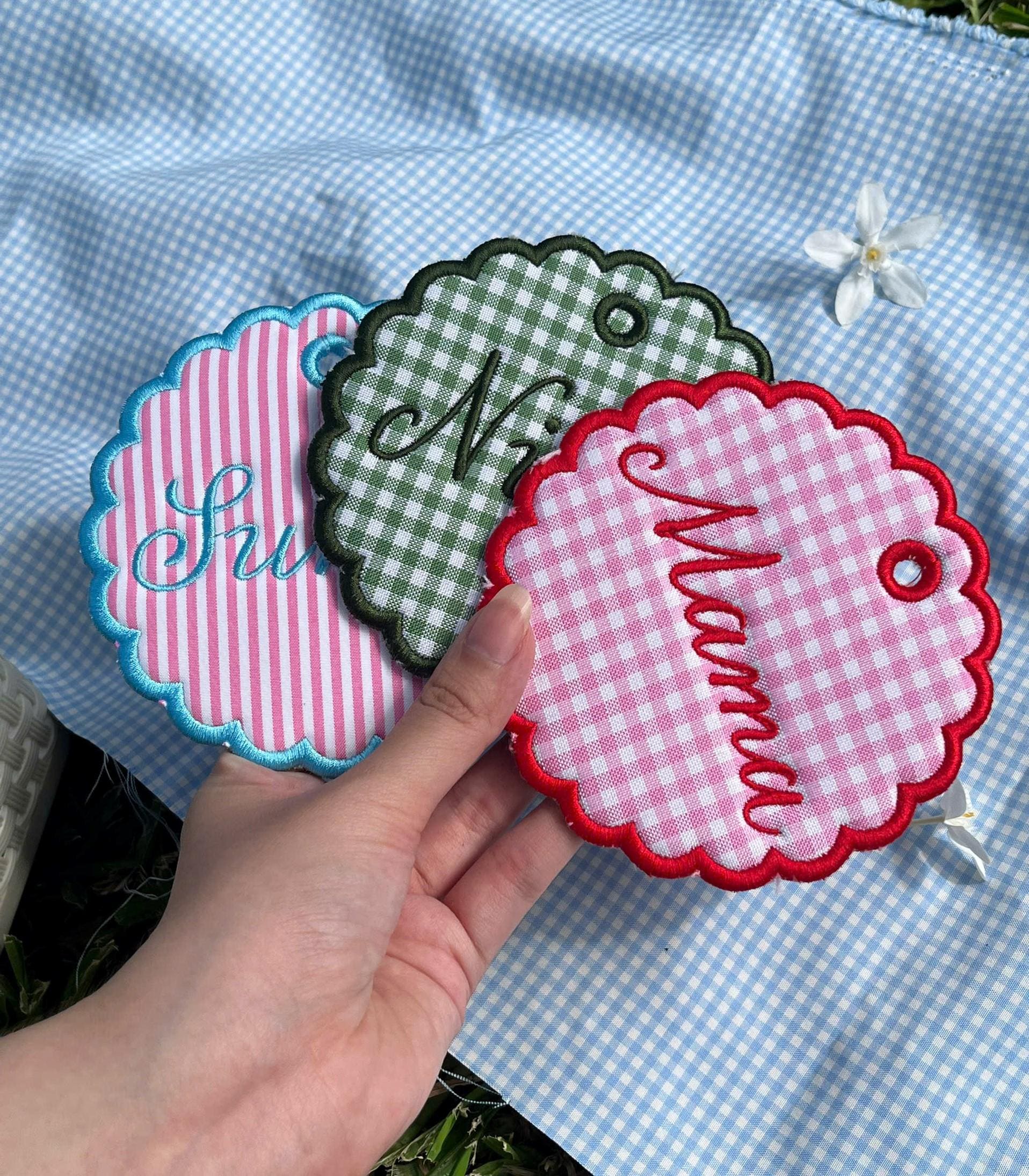 Custom Scalloped Round Name Charm, Personalized Embroidered Backpack Tag, Gingham Bag Keychain, Preppy Coquette Mom Gift, Spirit Merch Gift