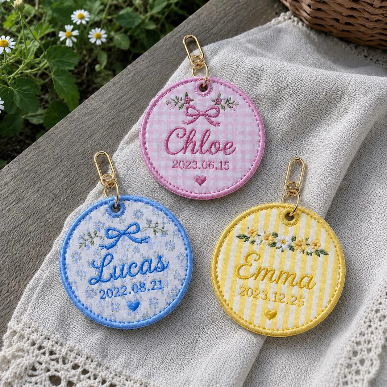 Custom Name and Date Embroidered Bag Charm, Personalized Baby Keepsake Keychain, Circle Diaper Bag Tag, Newborn Gift