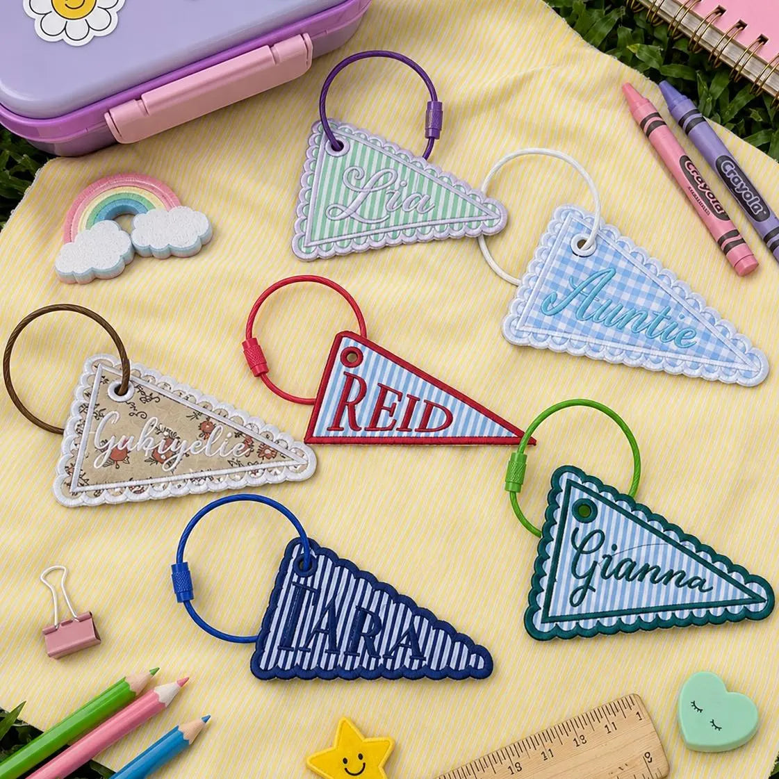 Personalized Pennant Name Tag, Embroidered Fabric Bag Charm, Custom Bookbag Identifier, Pencil Case Accessory, First Day of School Gift
