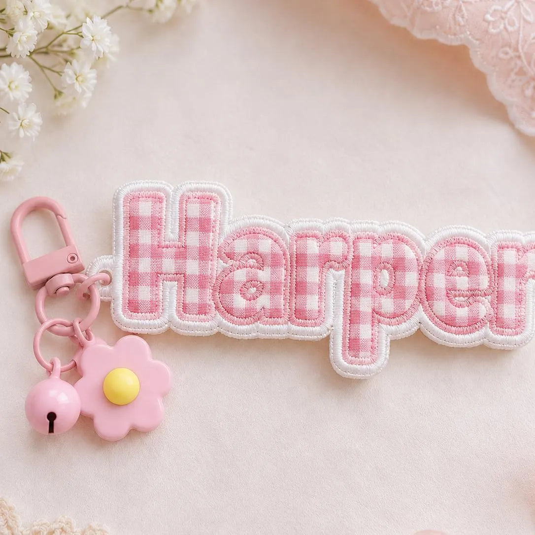 Custom Name Bag Charm, Embroidered Fabric Keychain, Personalized Applique Backpack Tag, Cute Lunchbox Tote Accessory Gift