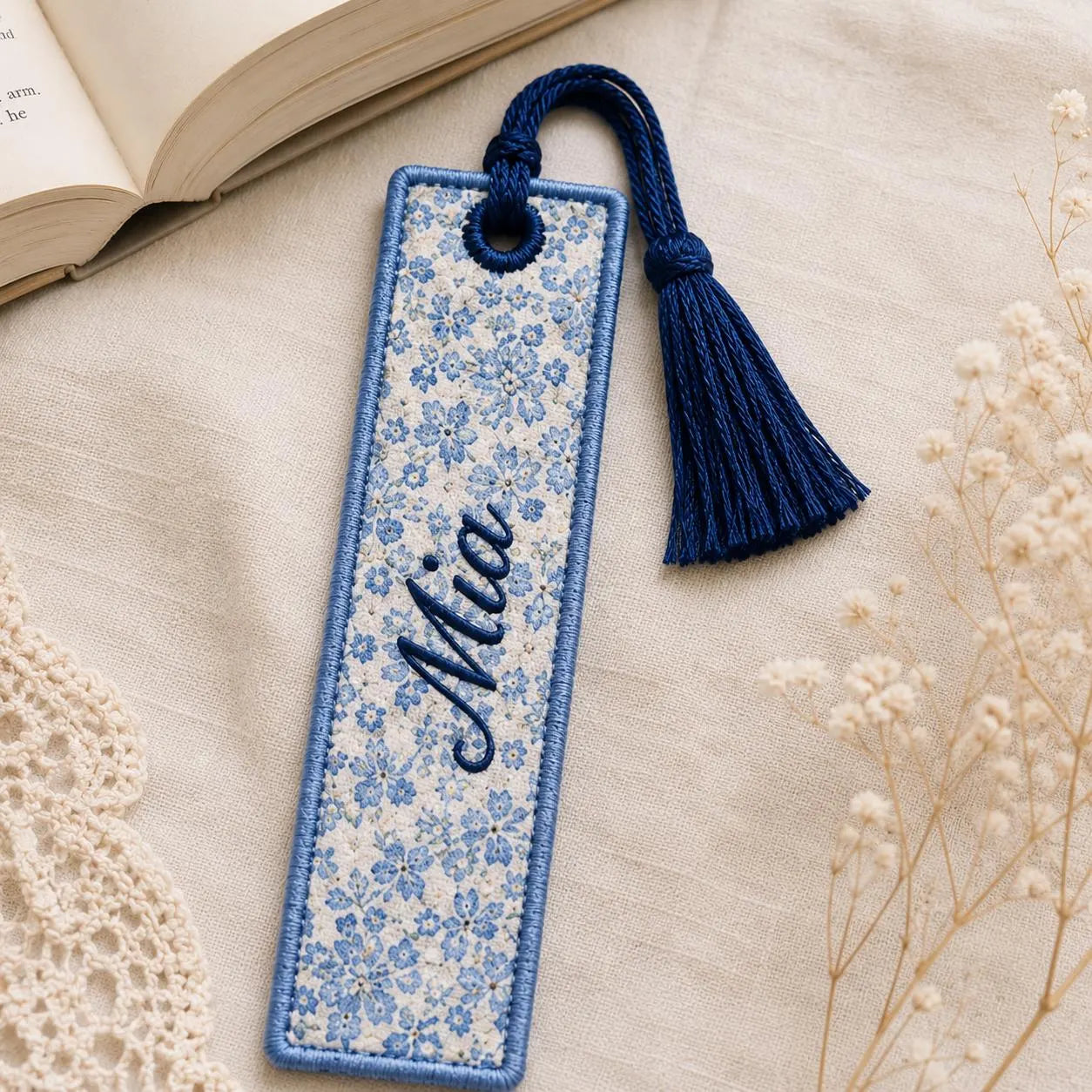 Personalized Embroidered Bookmark, Custom Name Fabric Book Marker with Tassel, Floral Reader Gift, Teacher Book Lover Stocking Stuffer