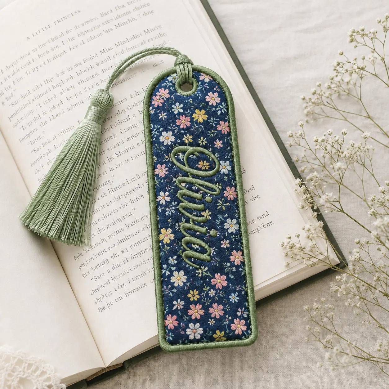 Personalized Embroidered Bookmark, Custom Name Fabric Book Marker with Tassel, Floral Reader Gift, Teacher Book Lover Stocking Stuffer
