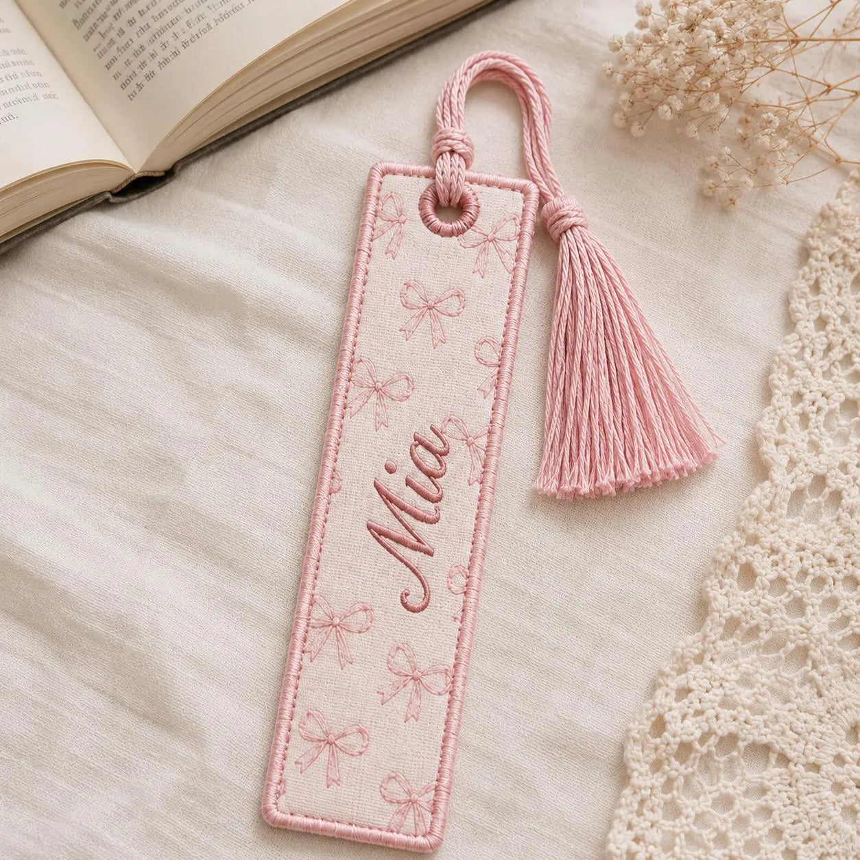 Personalized Embroidered Bookmark, Custom Name Fabric Book Marker with Tassel, Floral Reader Gift, Teacher Book Lover Stocking Stuffer