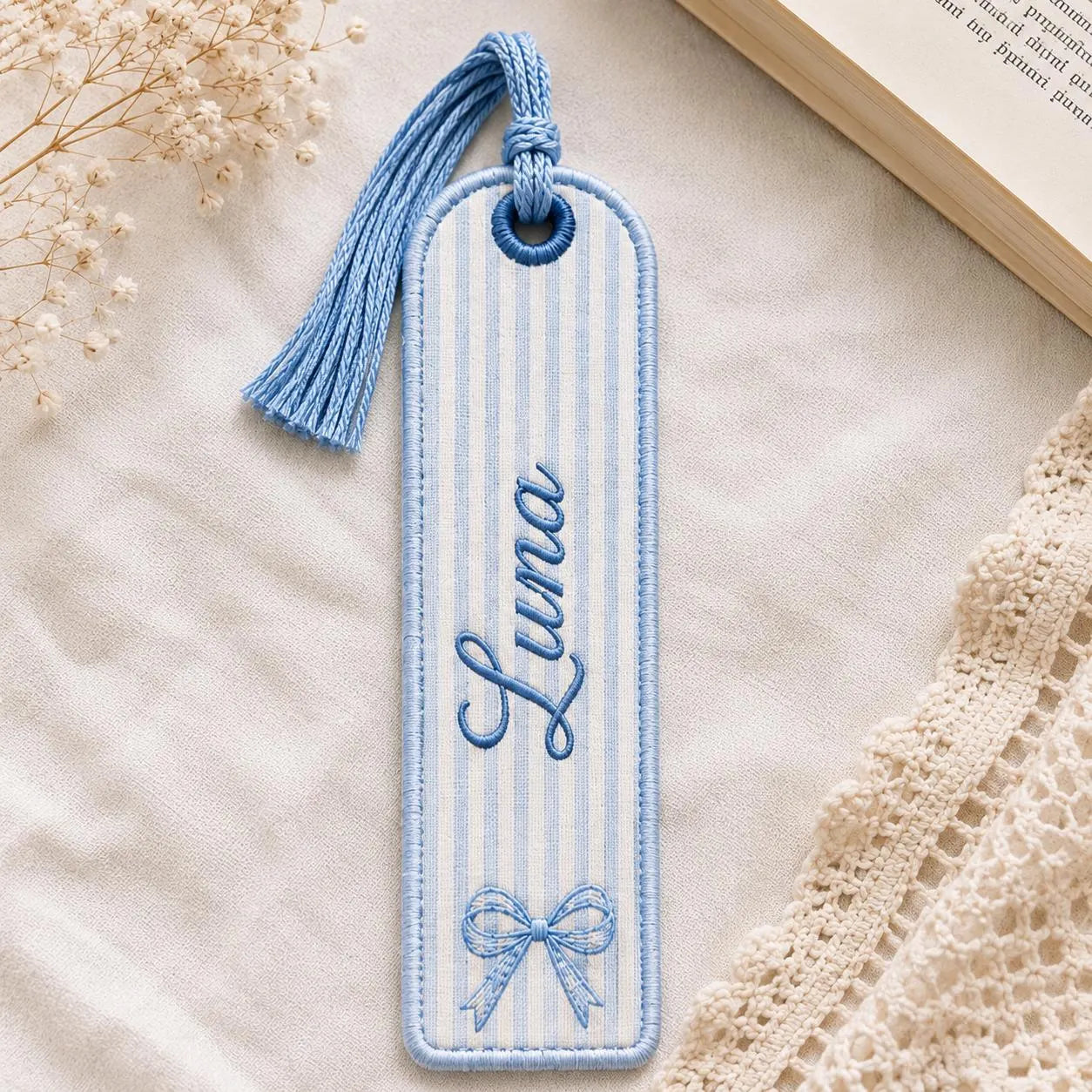Personalized Embroidered Bookmark, Custom Name Fabric Book Marker with Tassel, Floral Reader Gift, Teacher Book Lover Stocking Stuffer