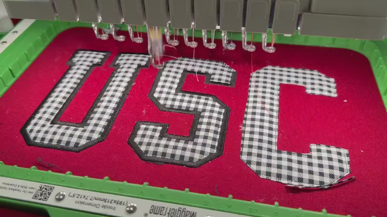 USC Inspired Embroidered Sweatshirt, Custom College Crewneck, Black Gingham Applique Letters Shirt, Varsity Style Sweatshirt, Merch Gifts